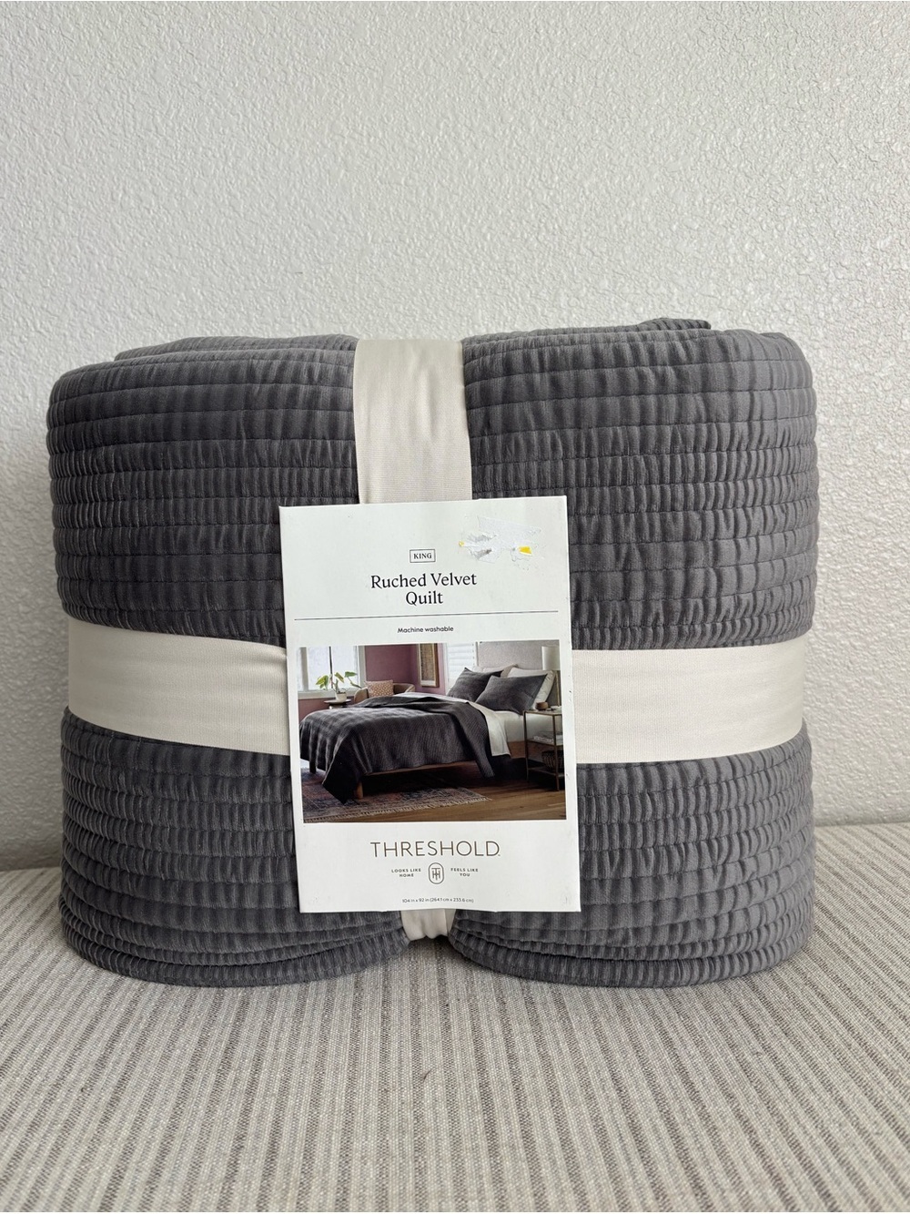 NWT King Ruched Velvet Quilt Gray - Threshold
